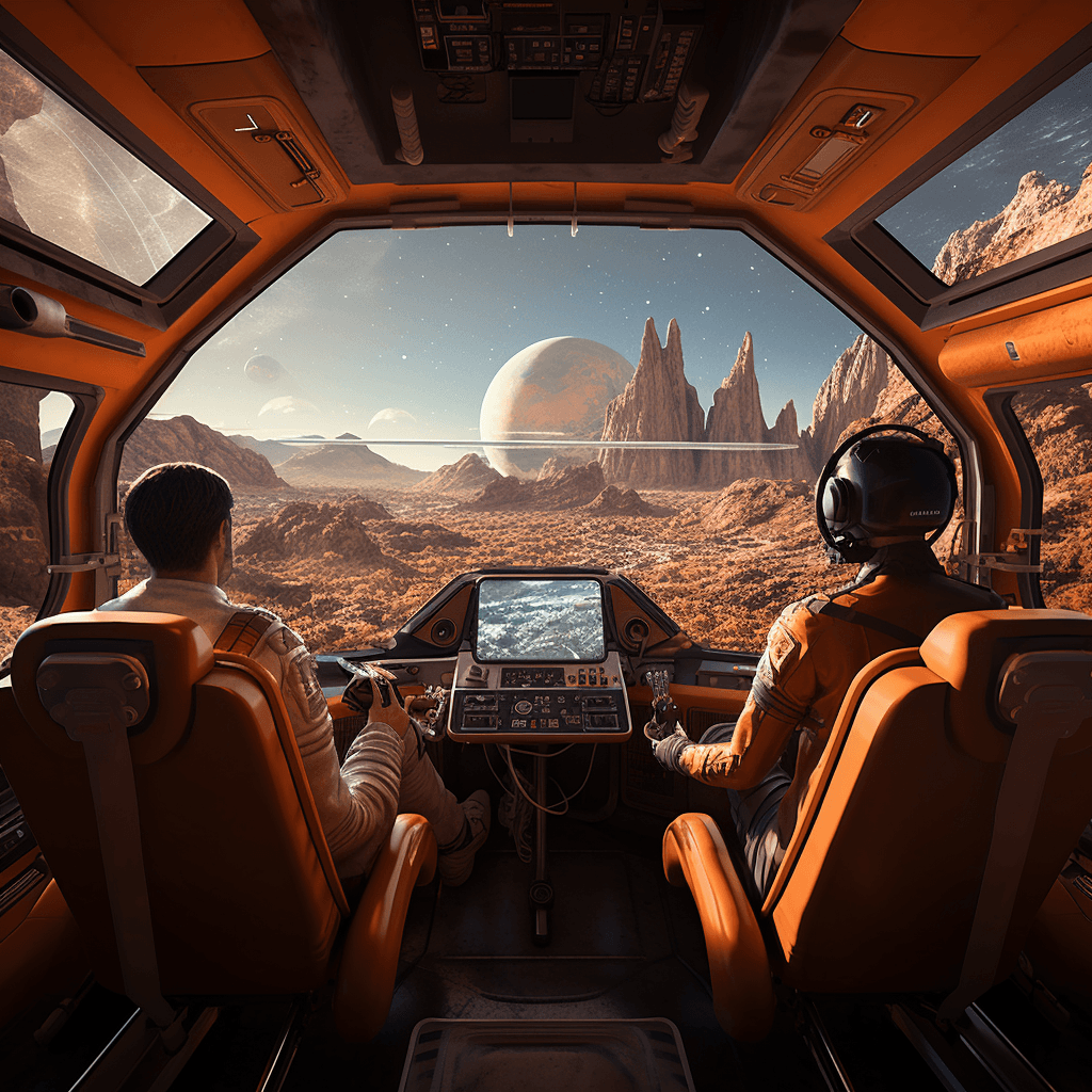 AI generated: general view of the interior of a spaceship with some windows to observe, planet mars outside, insid...