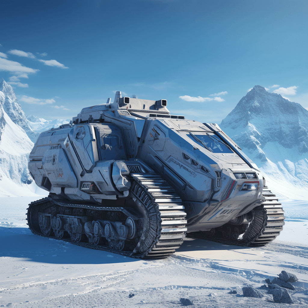 AI generated: light armored vehicle with cabin, rolling across a frozen plain on an alien planet, wide shot, two b...