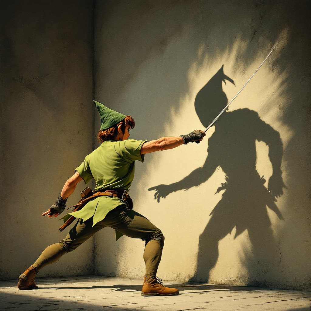 AI generated: Photorealistic  full body shot of peter pan fencing with his shadow against a wall, and  it is taunt...
