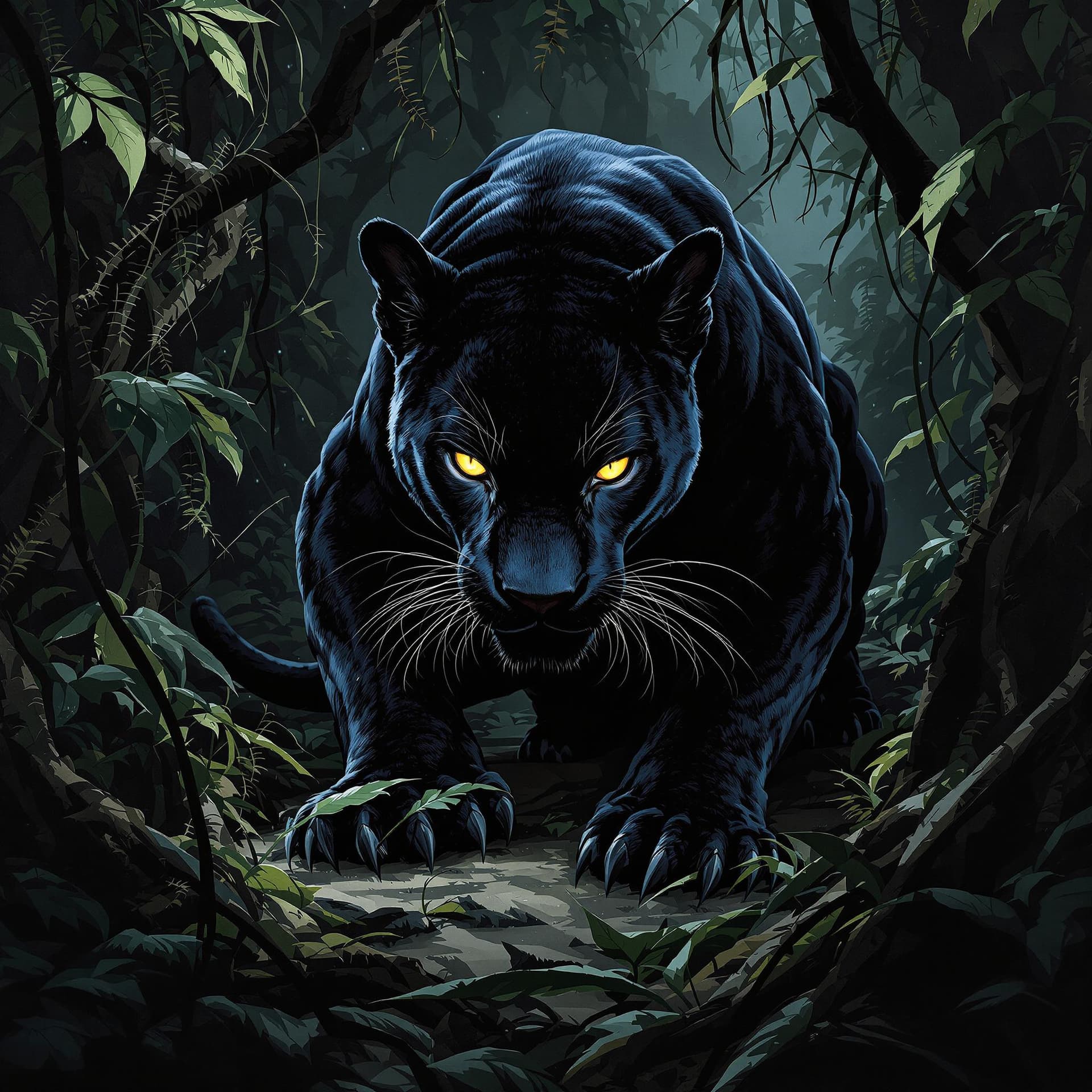 AI generated: Black panther crouched low in a dense jungle, muscles tensed, eyes glowing with a piercing gleam, fl...