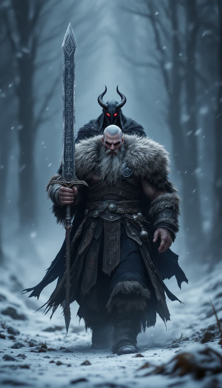 AI generated: An ultra-realistic, zoomed out, front facing full-body portrait of a towering Berserker, his fur-lin...