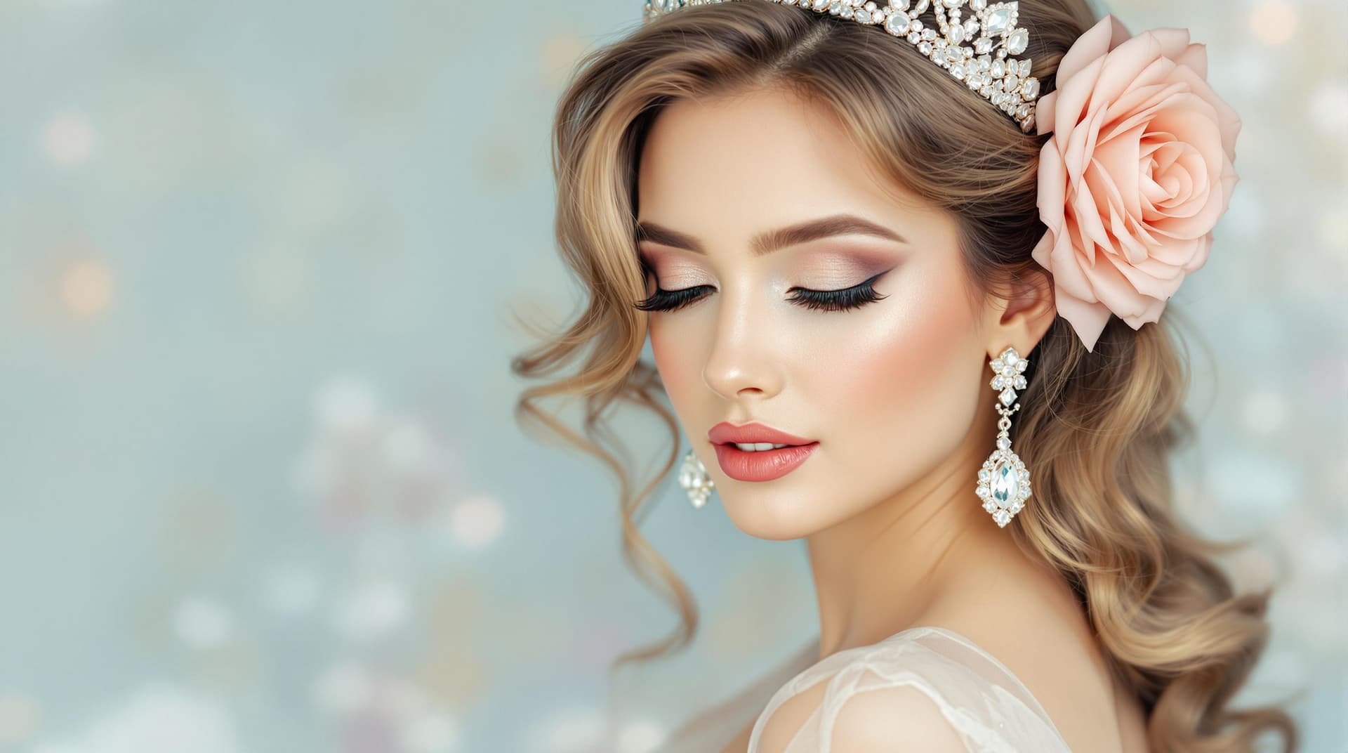 AI generated: A radiant woman exudes elegance with her soft, romantic features highlighted by delicate makeup, emp...