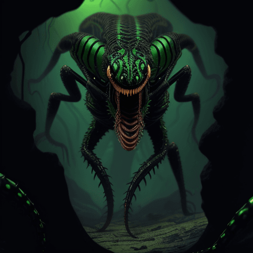 AI generated: Full body photo of a scary alien creature that looks like a centipede with venom coming out from its...