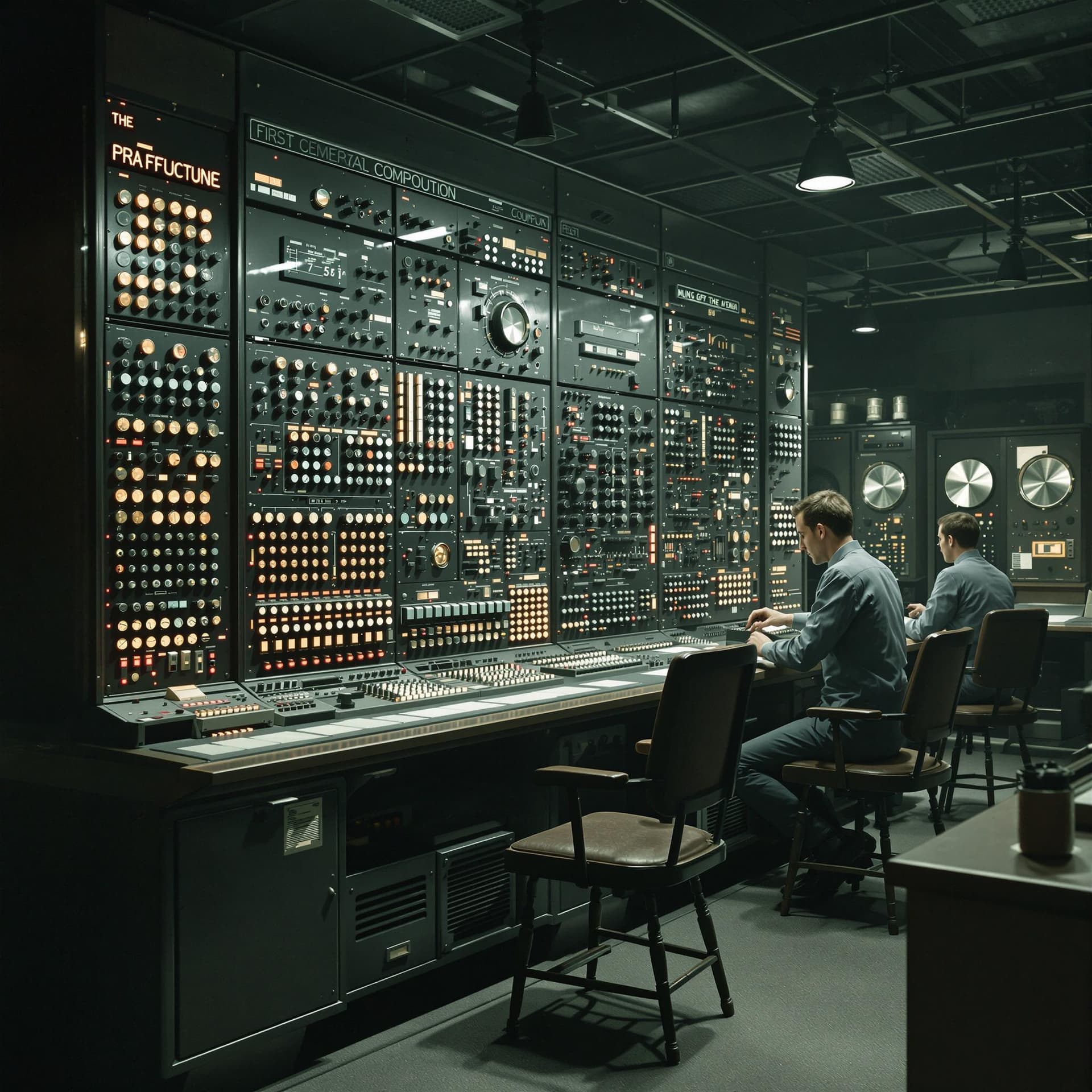 AI generated: Create an image of a first-generation computer from the mid-20th century. The computer should featur...