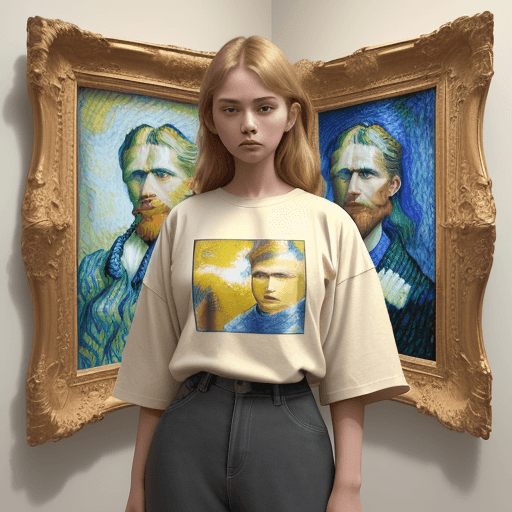 AI generated: In the visual representation, a woman stands against a neutral beige backdrop, the portrait in her b...
