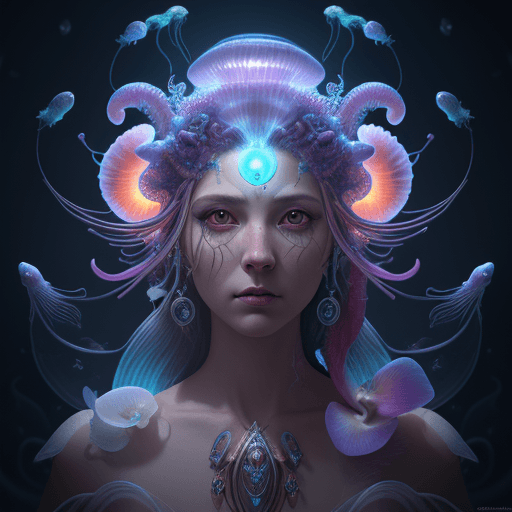 AI generated: Goddess close-up portrait ribcagel. jellyfish phoenix head, nautilus, orchid, skull, betta fish, bio...