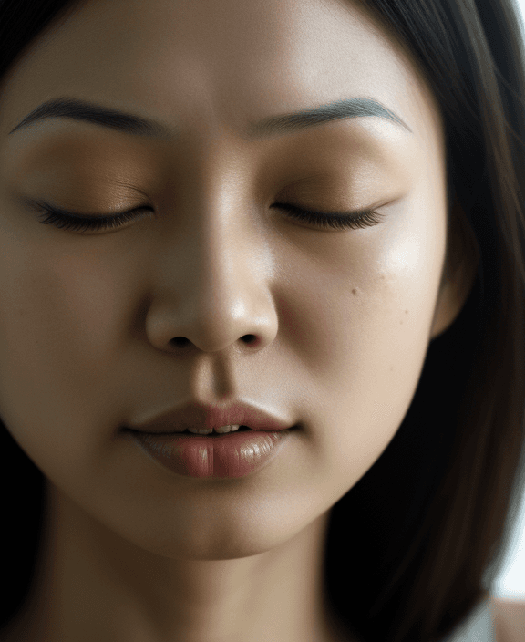 AI generated: asian,cinematic medium closeup of a slim european woman, (hyper detailed skin), closed eyes,
