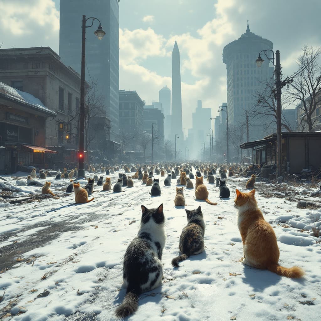 AI generated: Cats in post-apocalyptic Washington D.C. in the video game "Fallout 3". Cats have taken over the pla...