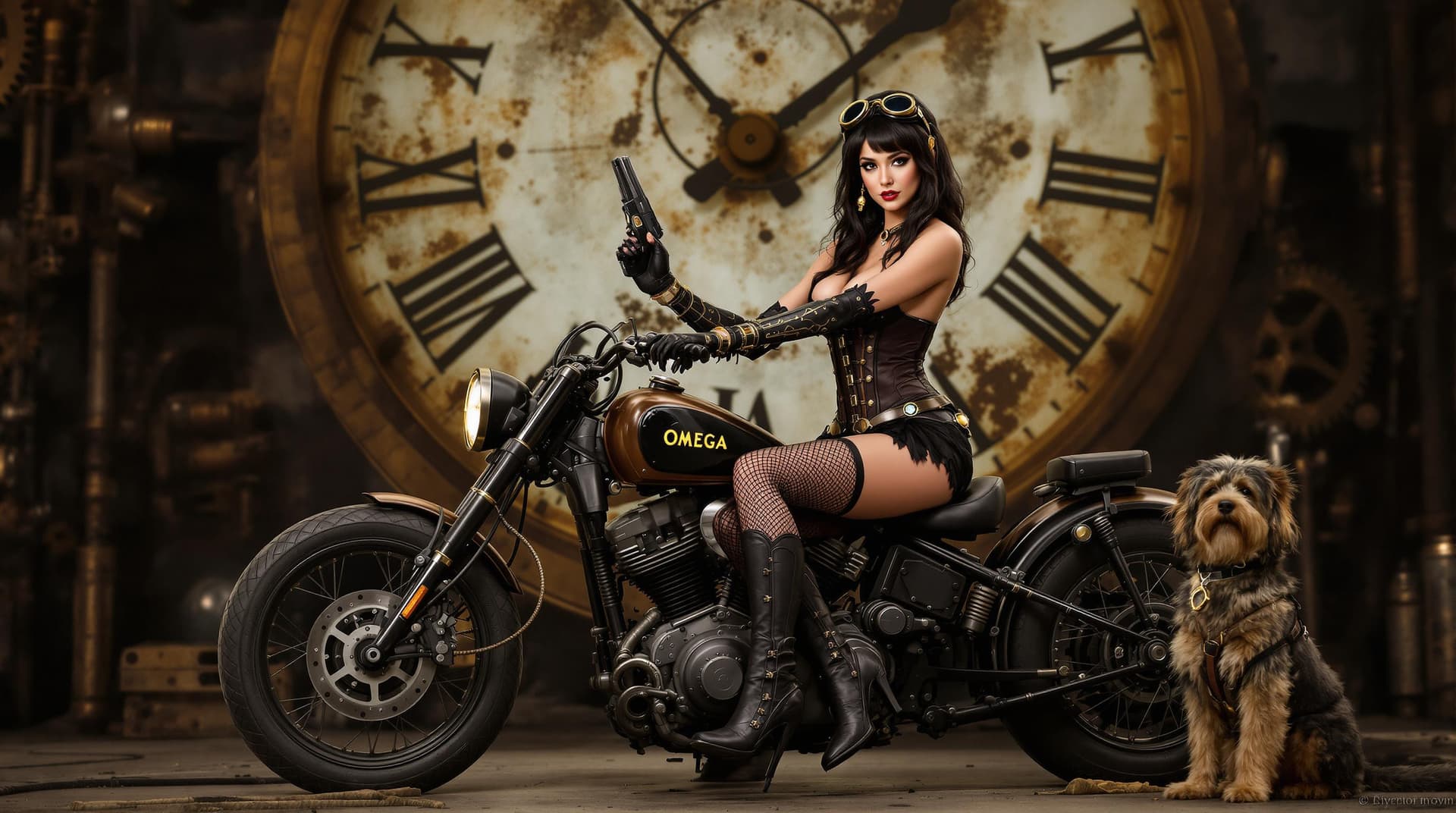 AI generated: A steampunk-themed scene with a woman with dark hair sitting confidently on a vintage motorcycle. Th...
