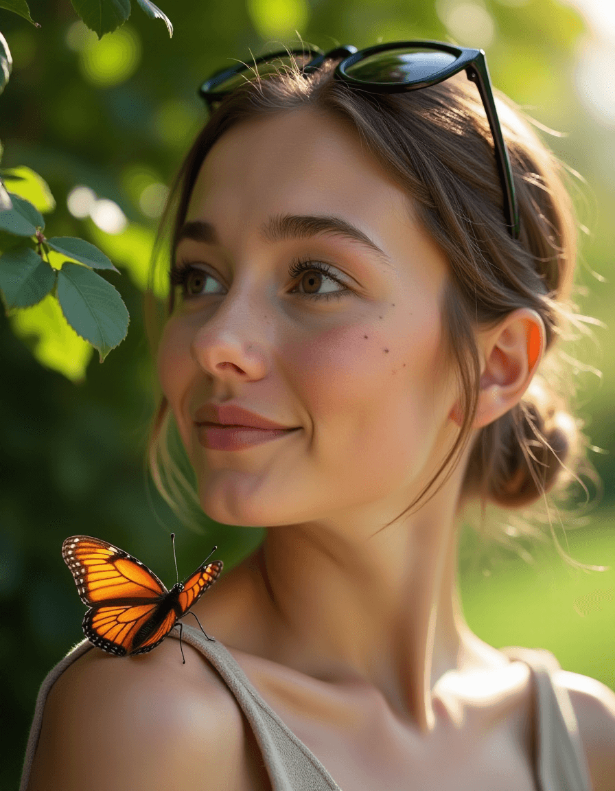 AI generated: photography of a young french woman with a butterfly lying on her shoulder, pale skin, round face, s...