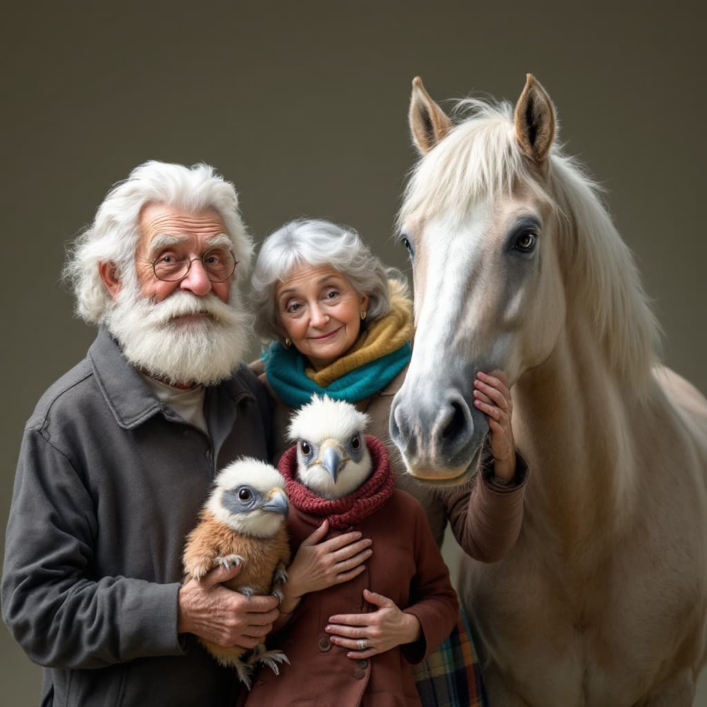 AI generated: Create a photograph of a humans family consisting of a 92-year-old male bird, an 84-year-old female ...