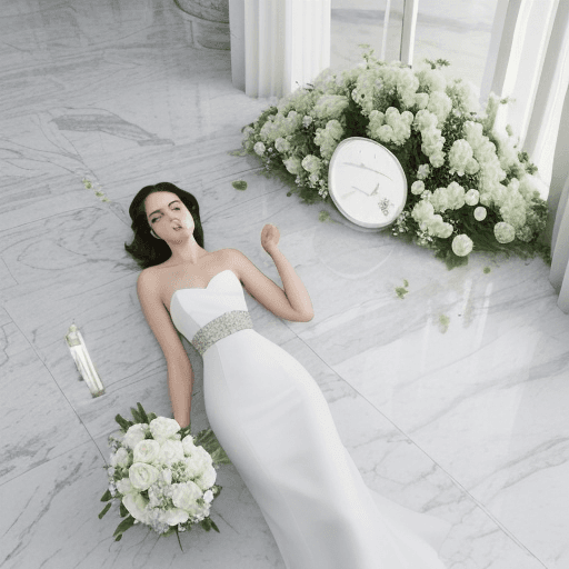 AI generated: A bouquet of white roses rests on a Vogue magazine that rests on a marble floor