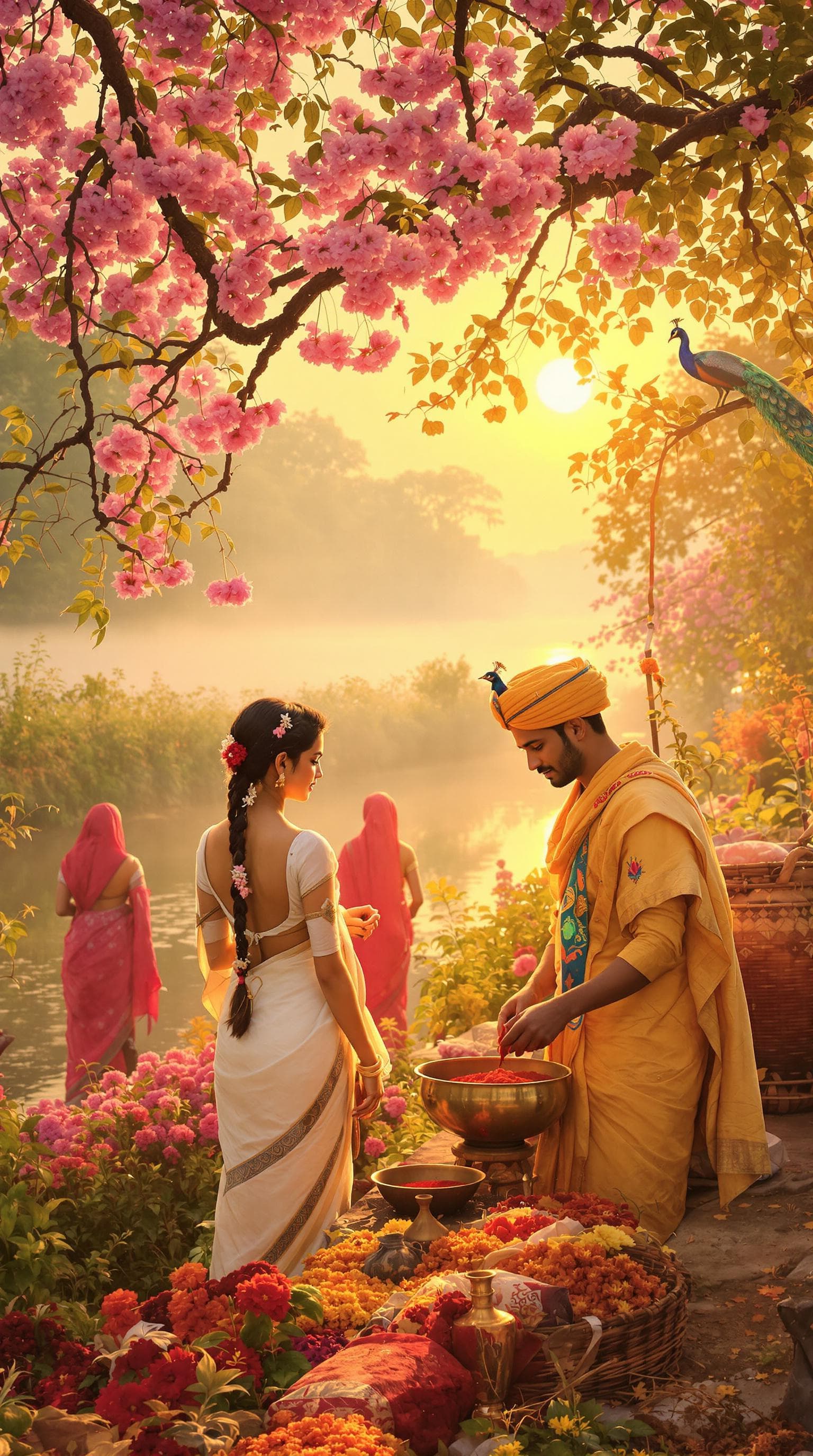 AI generated: Serene sunrise over a misty river in a traditional Indian village. A young woman (early 20s, golden-...