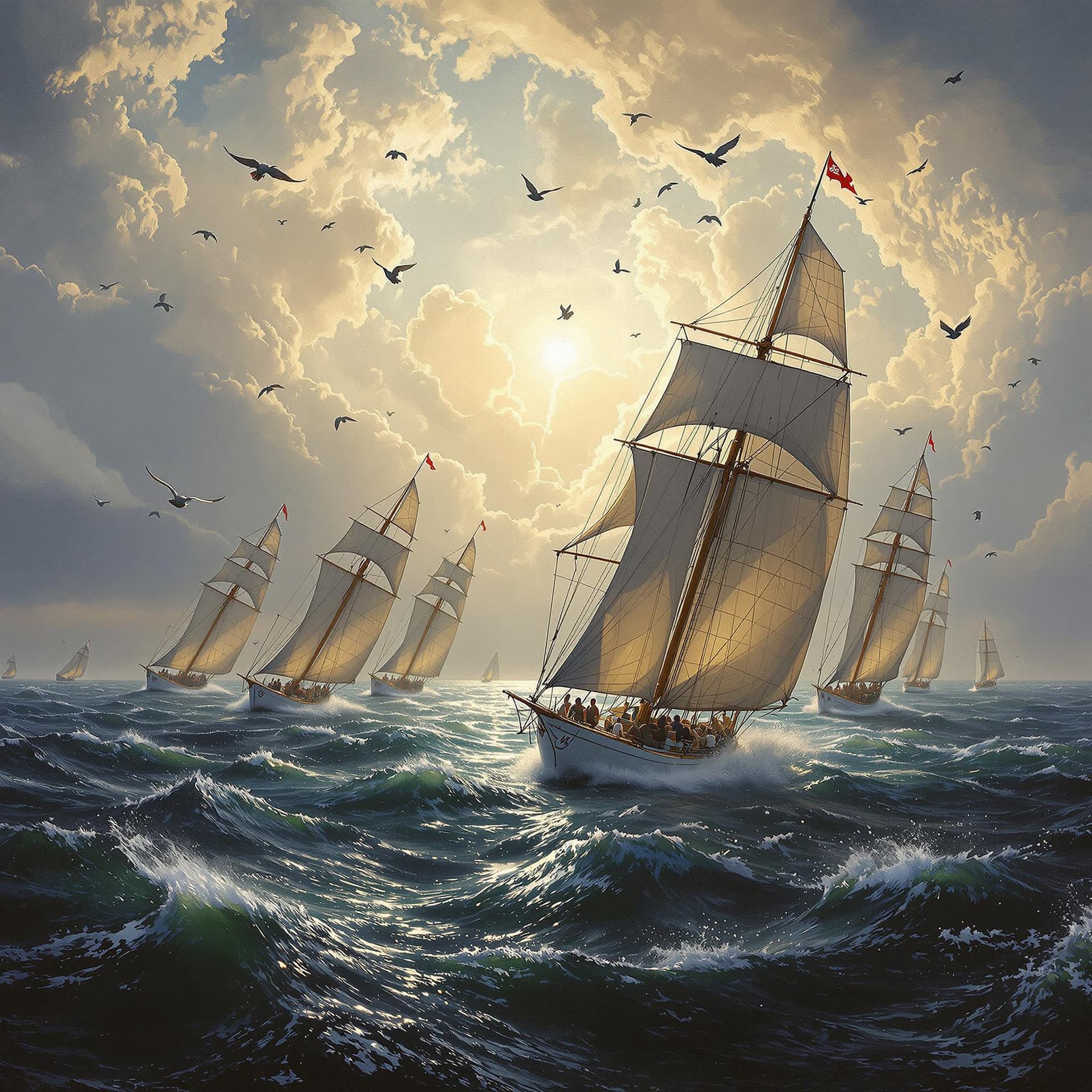 AI generated: An oil painting of sailboat racing, Ocean birds overhead, fish and flying fish,  the America's Cup, ...