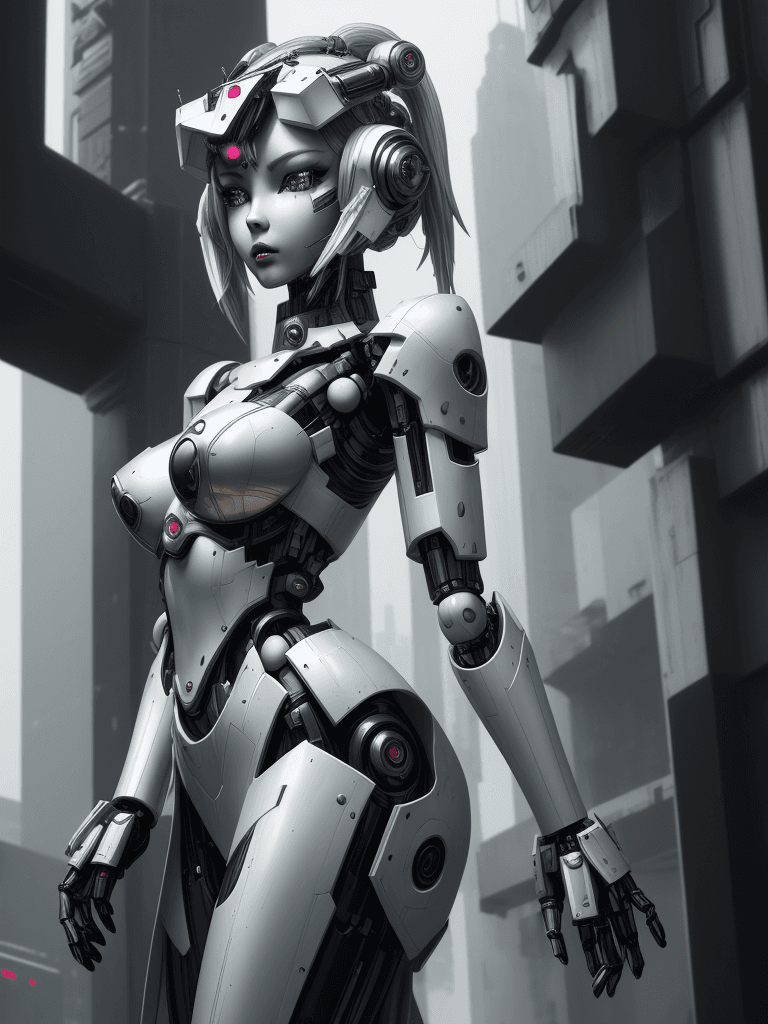 AI generated: masterpiece, beautiful girls, elf, solo, wearing modern robotic armor, cyberpunk, themes black white...