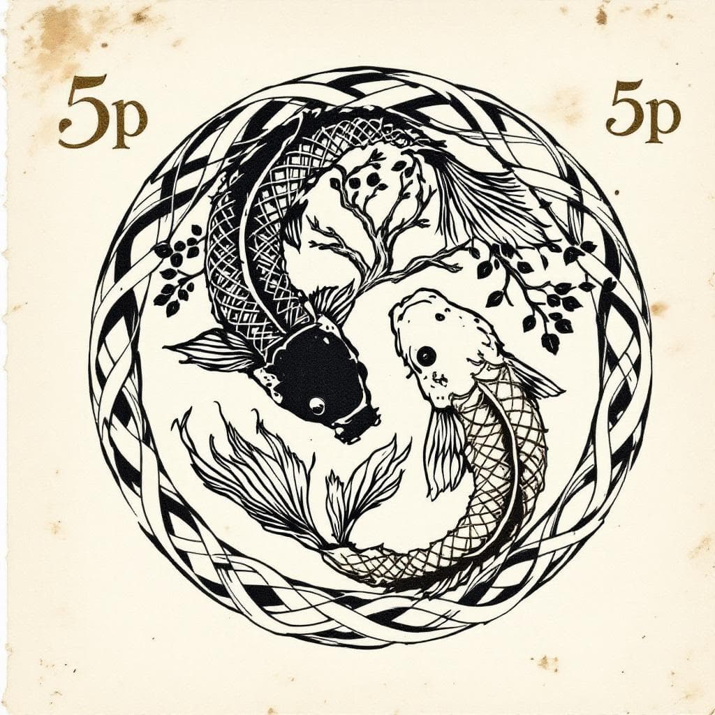 AI generated: retro vintage Postage Stamp design, pen and ink wash detailed illustration  featuring a Tree of Life...