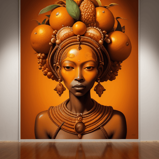 AI generated: a mural of woman on a orange wall with fruit on her head, in the style of ingrid baars, 32k uhd, ben...