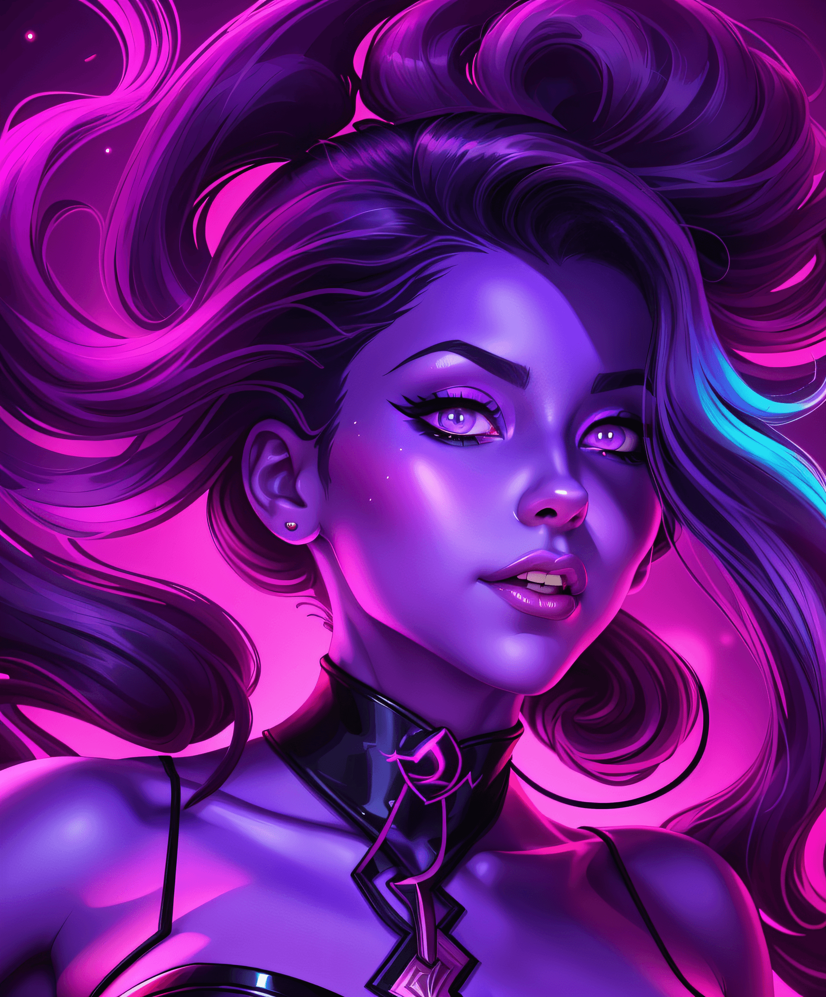AI generated: a close up of a woman with a purple background and a purple background, painted in the style arcane,...