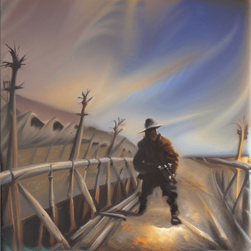 AI generated: Oil painting rendered in an impressionistic style, focusing on a male traveler in a post-apocalyptic...