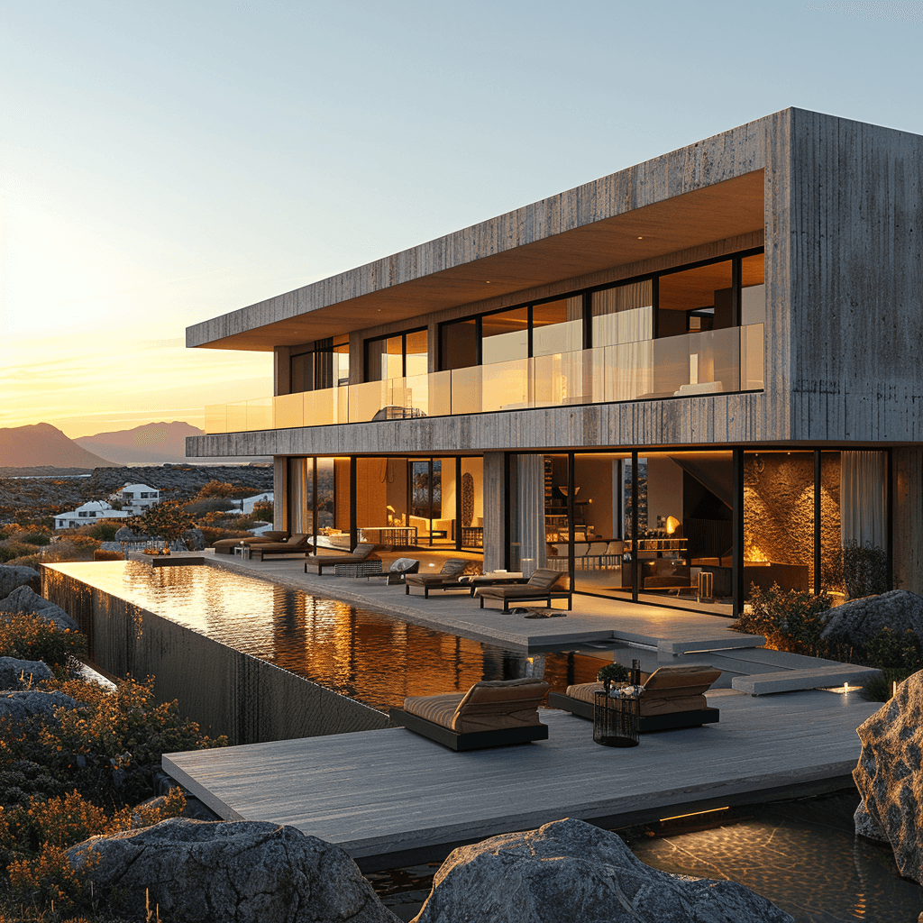 AI generated: modern minimalist residential house in Iceland, dramatic lighting, sunny day, clear sky, aerial view...