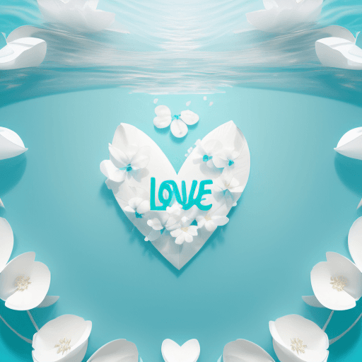 AI generated: Tiffany blue background with white petals forming a huge text "LOVE" floating on calm water, close-u...