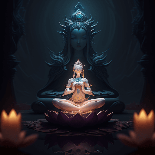 AI generated: A robed goddess meditates in a lotus pose in a fantasy art piece by Fang Congyi. The scene is envelo...