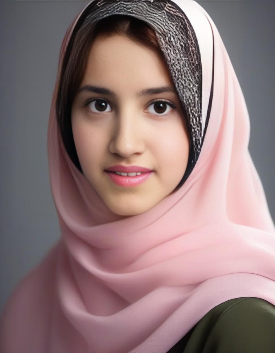 AI generated: Girl in her twenties, hazel green eyes, pink lips, black eyeliner in her eyes, wearing a hijab, very...
