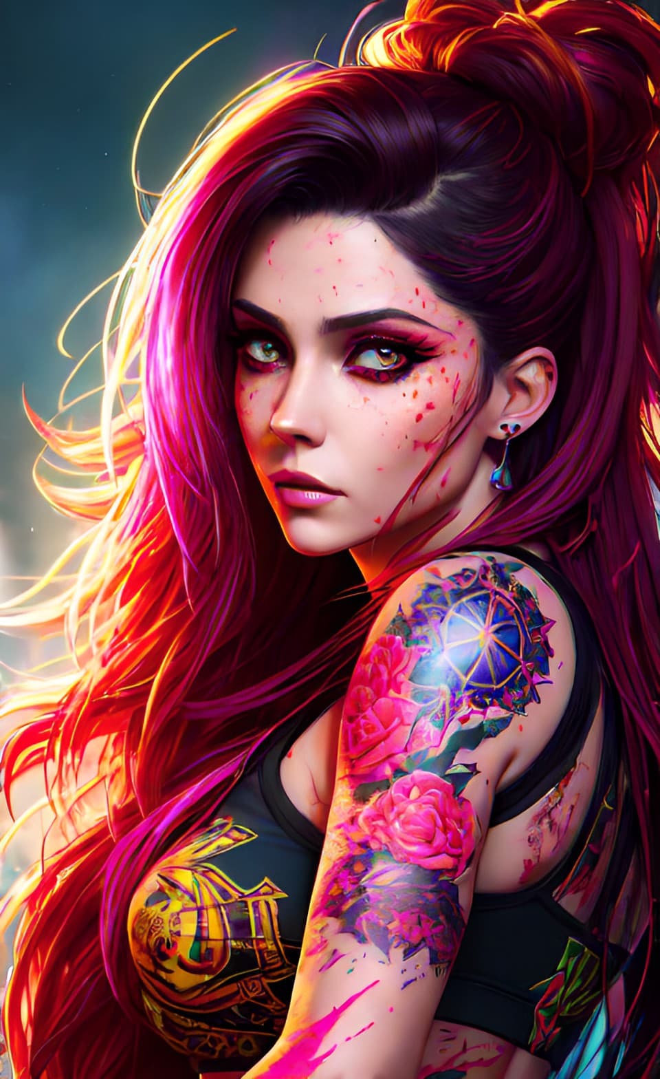 AI generated: Stunning Synthwave Tattooed Female Anime