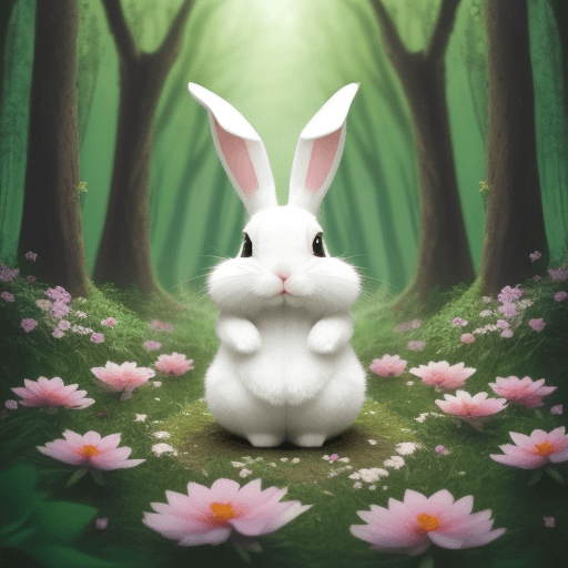 AI generated: In a forest filled with flowers, let the cute rabbit  look real