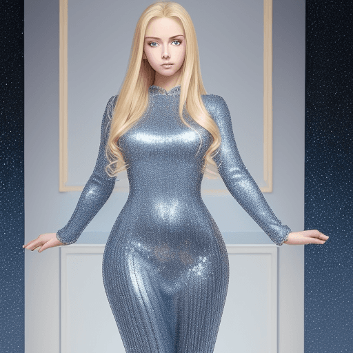 AI generated: A young, beautiful, realistic looking, detailed, blonde, blue eyed, woman wearing a sparkly, shiny, ...