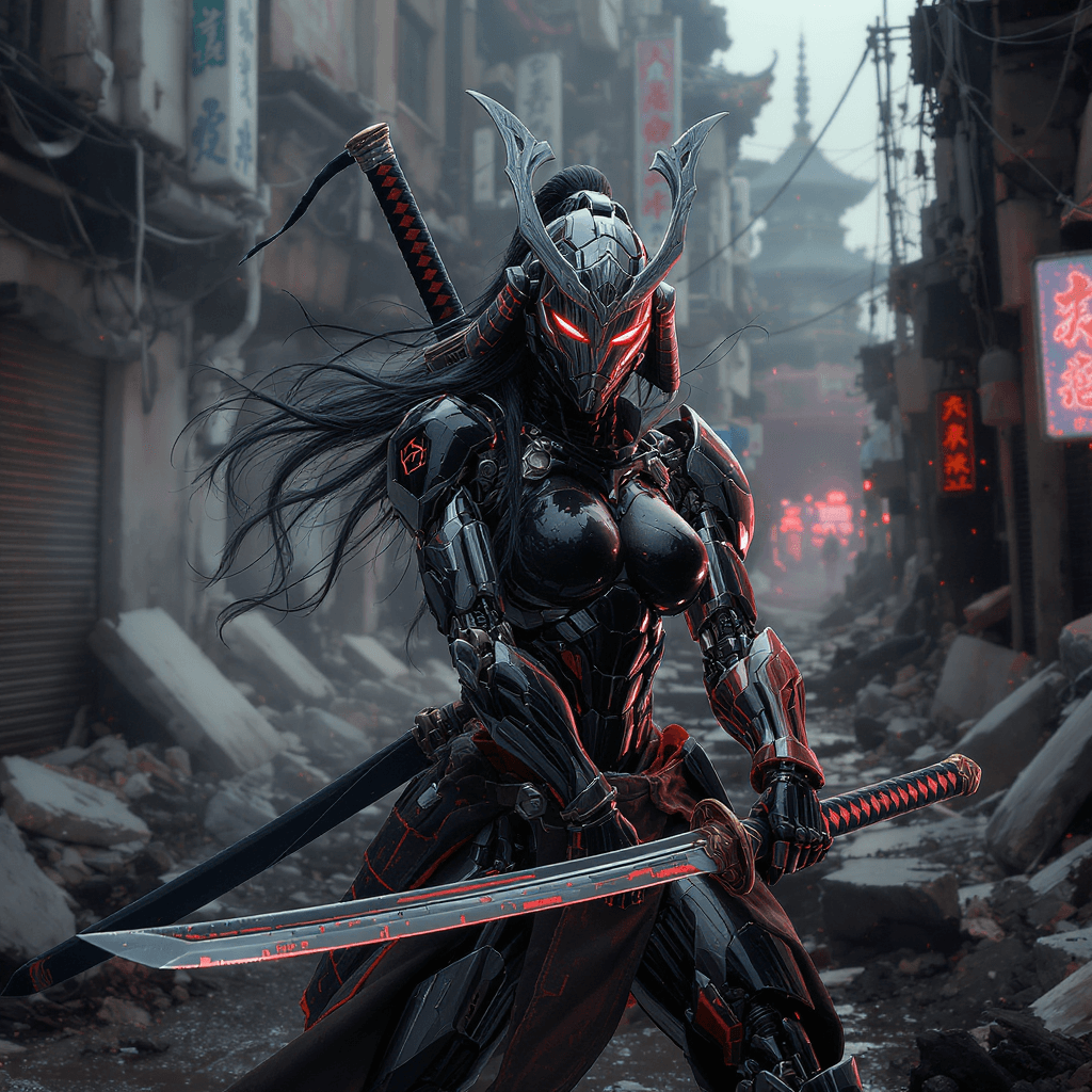 AI generated: Cyberpunk, female robot samurai,  in the middle of a dilapidated street, the samurai robot woman, fu...