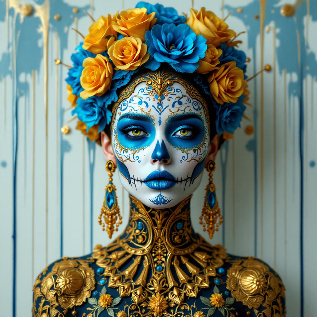 AI generated: A surreal and highly detailed portrait of a woman wearing Día de los Muertos makeup, featuring intri...