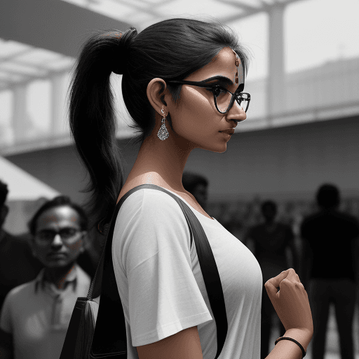 AI generated: photography, side view, upper-body, portray an innocent professional indian woman model standing aga...