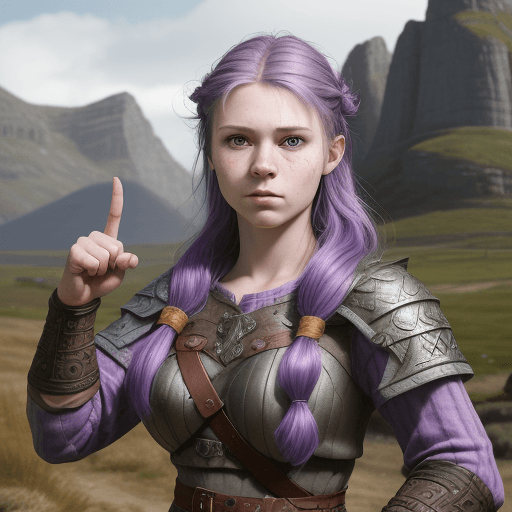 AI generated: a picture of girl viking lifestyle, standing with her friends, purple hair, epic, front face, closeu...