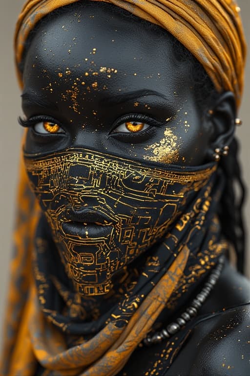 AI generated: A striking portrait of a dark-skinned woman, likely of African descent, with dramatically lit featur...