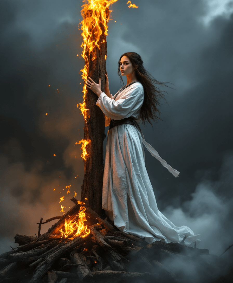 AI generated: A beautiful ultra-realistic 15-year-old Joan of Arc standing on a jumbled up pile of wood logs.  Her...