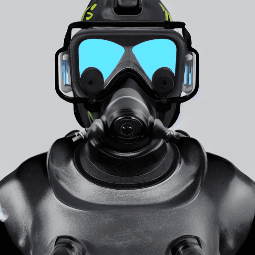 AI generated: underwater deep suit, steel linings, breathing filters on back, mask cover full face, gear emblem on...