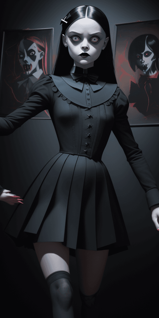 AI generated: 16k4d art rfktrstyle Wednesday Addams, Cubist Angles, (Dynamic Pose)+, perfect form, perfect composu...