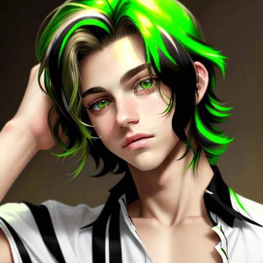 AI generated: young 18 year old prince with dark streaked hair and yellowish green eyes