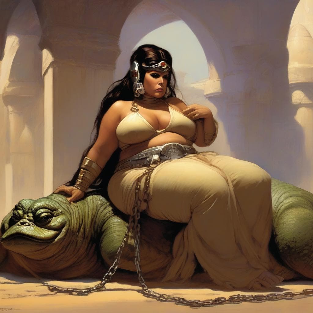 AI generated: (obese Princess Leia as a harem slave in chains, 1.3) of (Jabba the Hutt, 1.8), style of Frank Fraze...