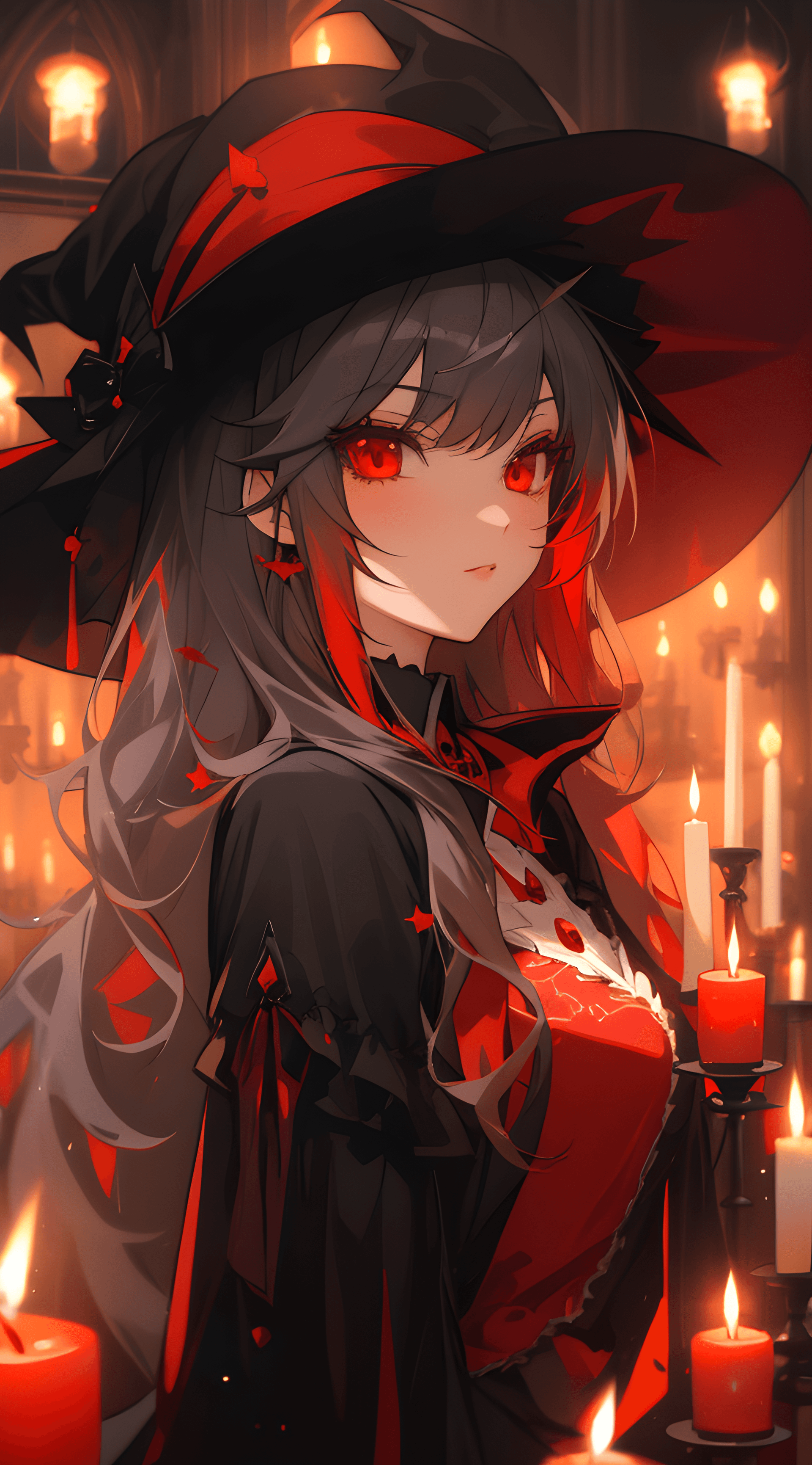 AI generated: a close up of a person wearing a hat with candles in the background, by Yang J, pixiv, gothic art, s...