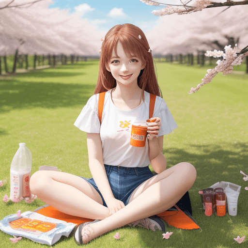 AI generated: 1girl, suzy_snacktime, sitting, legs_spreaded,smile, solo, spring, sakura blossoms, sky, sun, grass ...