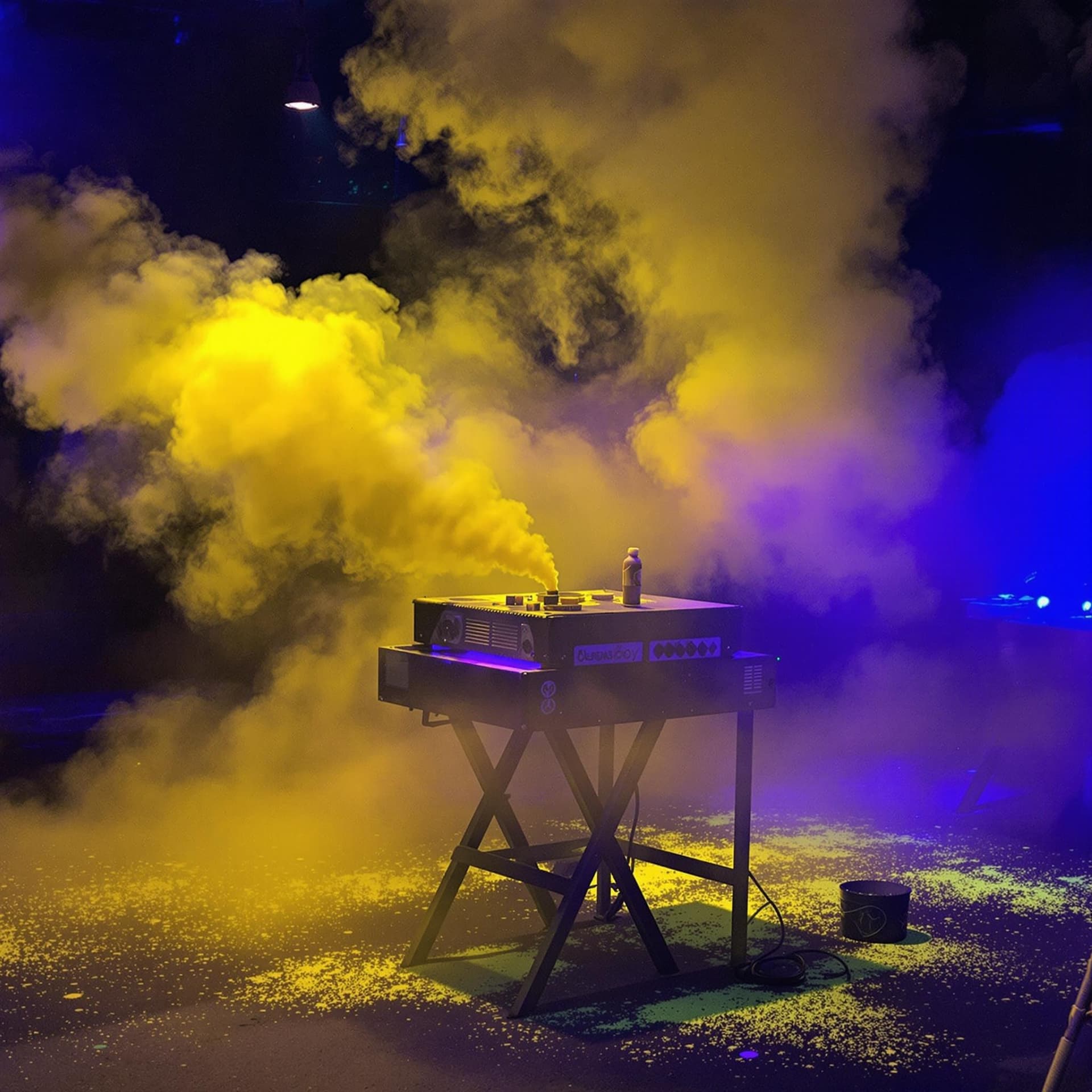 AI generated: Lemon-scented fog machine with yellow haze, UV reactive body paint stations --chaos 50