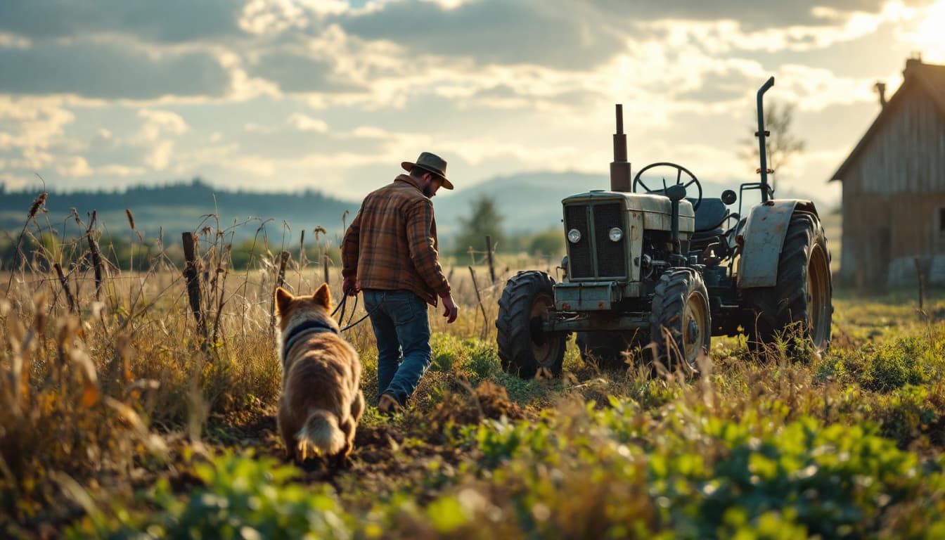 AI generated: a man in farm with tractor and dog help to him