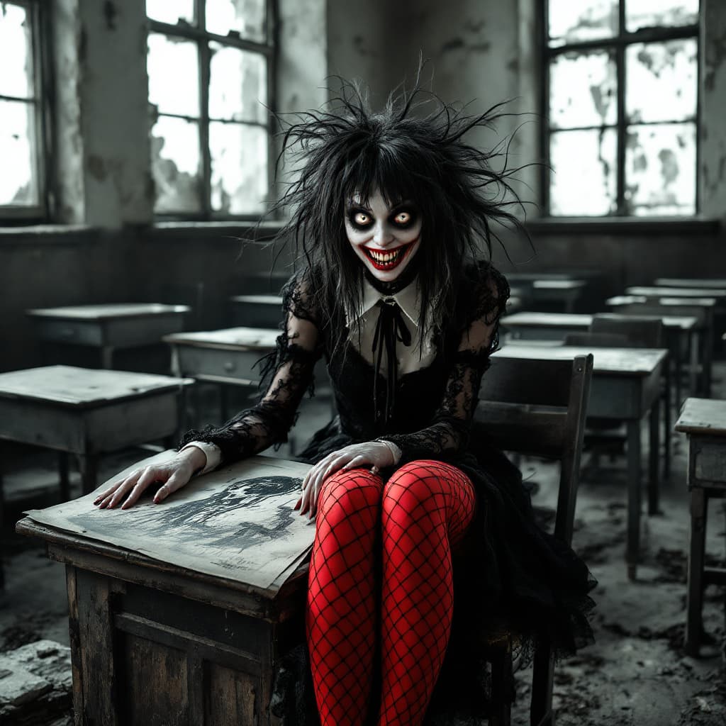 AI generated: A surreal and unsettling scene set in a dilapidated, old-fashioned classroom with wooden desks and p...