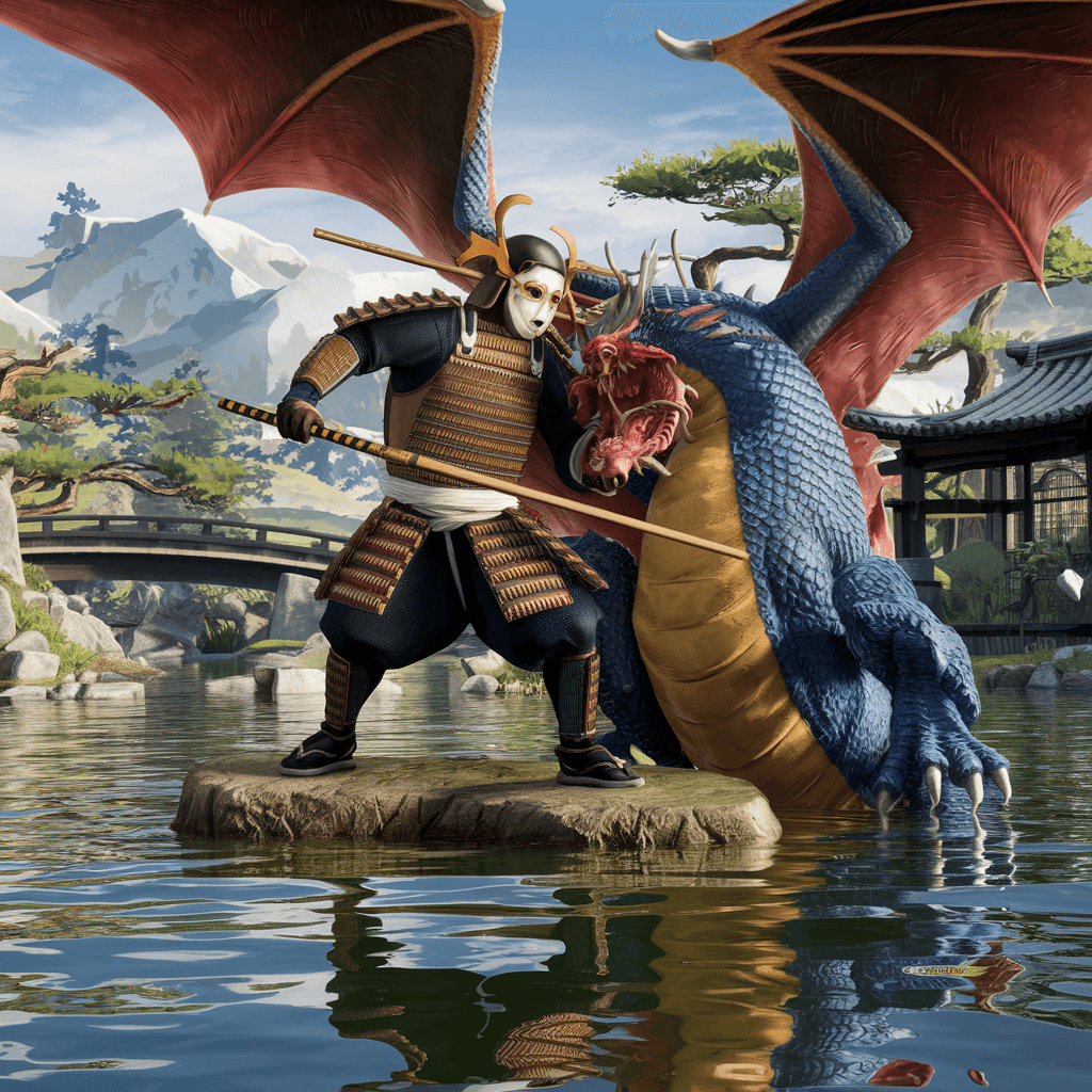 AI generated: japanese samurai battle a dragon, Japanese steal dragon, samourai mask, armored, 