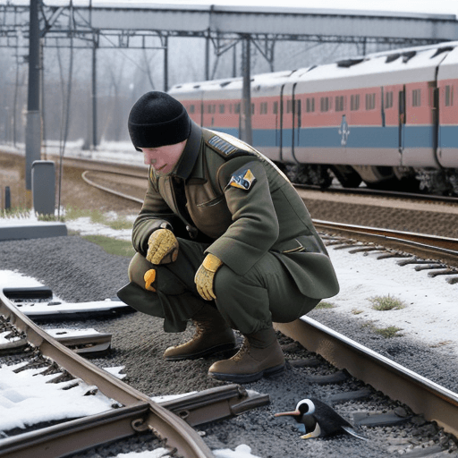 AI generated: High resolution photography partisan penguin in military uniform of ukraine is trying to plant a bom...