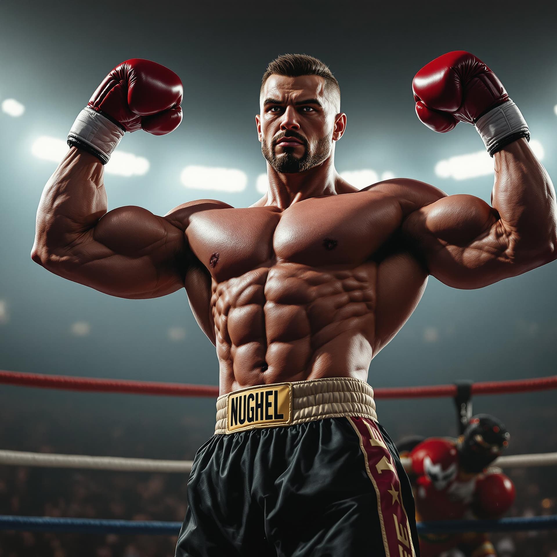 AI generated: powerful boxer stands in the ring and flexes his biceps, hyper realism, high detail, octane render, ...