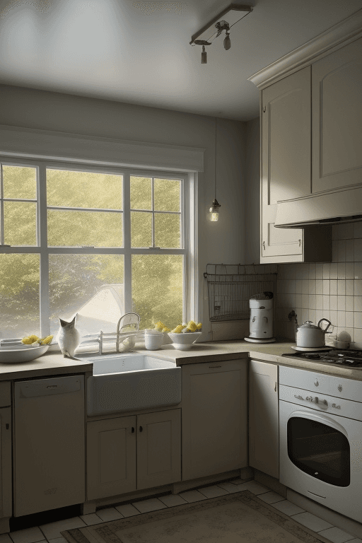 AI generated: a beutiful cat see out side ,Cottage in suburban street int kitchen. Warm, practical lights, soft mo...