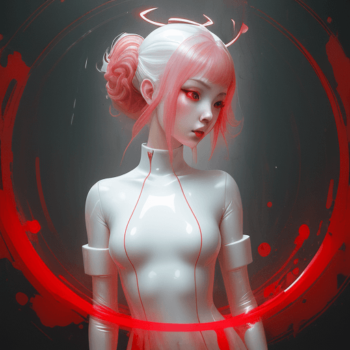 AI generated: a girl in white latex is posing by a red mirror, in the style of sandara tang, glowwave, ruan jia, w...